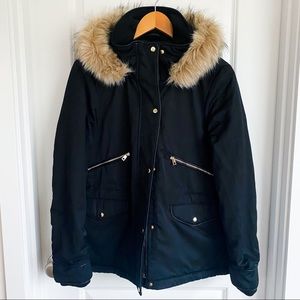 Zara Trafaluc Black Parka with Faux Fur Hood NWT